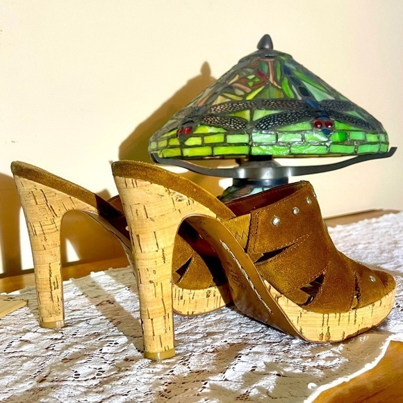 Michael Kors Woodstock heeled & pump slides Suede & Cork in GUC Sz 6 - Picture 3 of 8